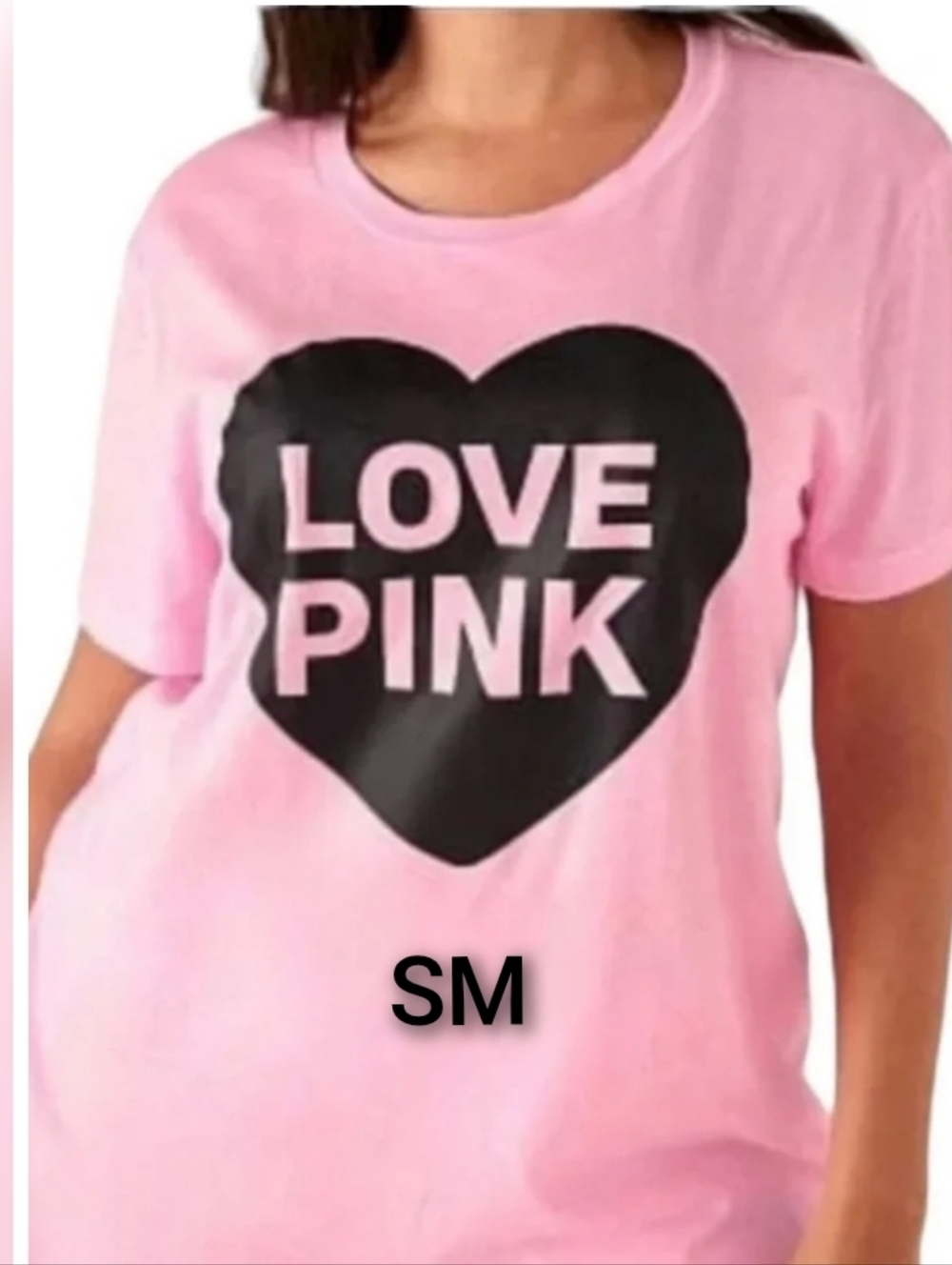 SZ SMALL VS PINK  Pink Short Sleeve Tee with Black Heart Logo.